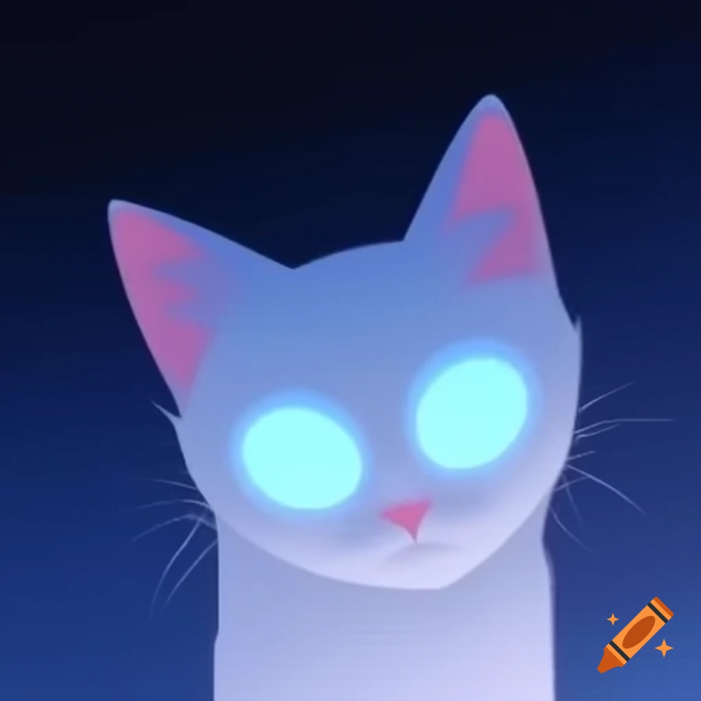 Powerful white cat with glowing blue eyes in 2.5D cartoon style