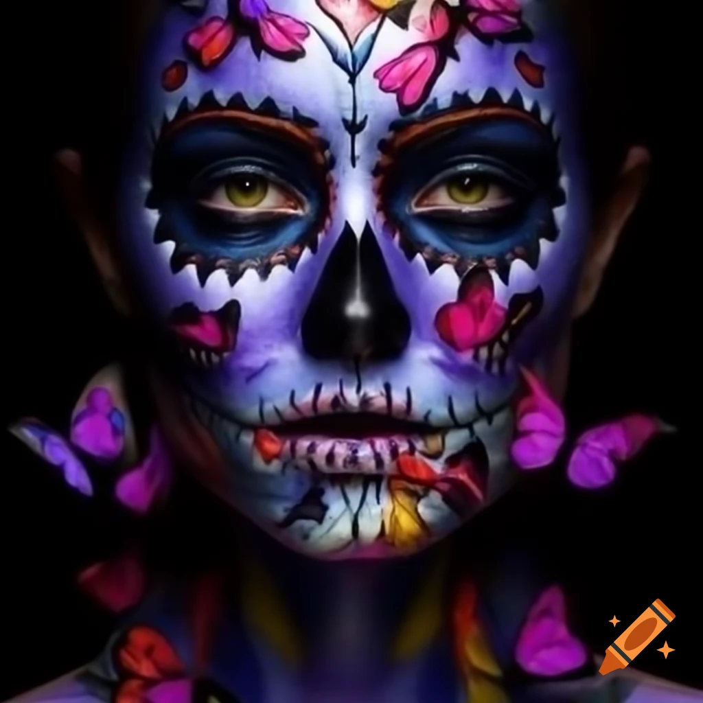Colorful skull face art with butterfly in dark dream theme