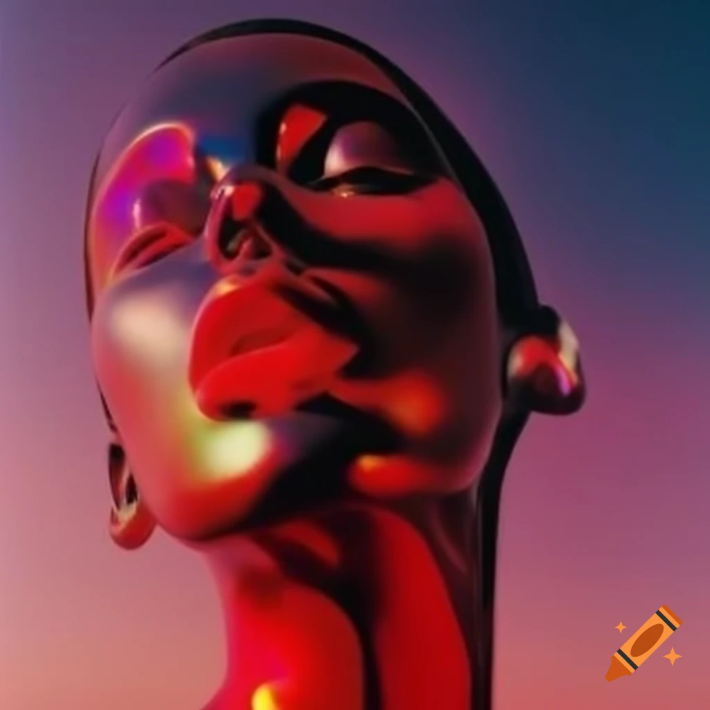 Iridescent red glass statue in pop surreal 2000's photography style