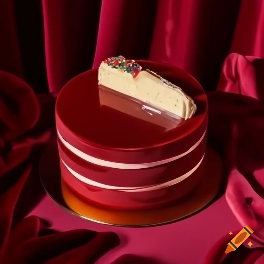 Luxurious red velvet cake with cream cheese frosting and gold dust, macro shot