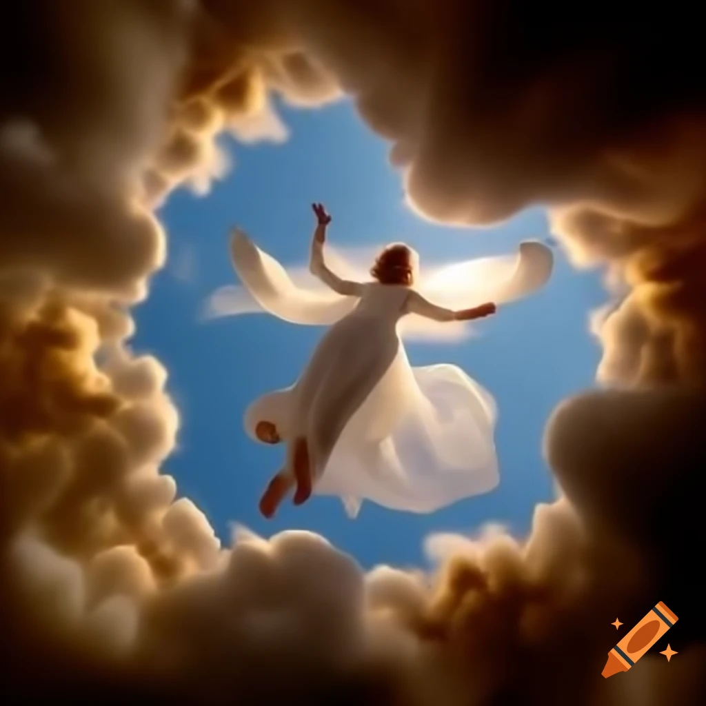 Ethereal figure soaring through golden sky with clouds