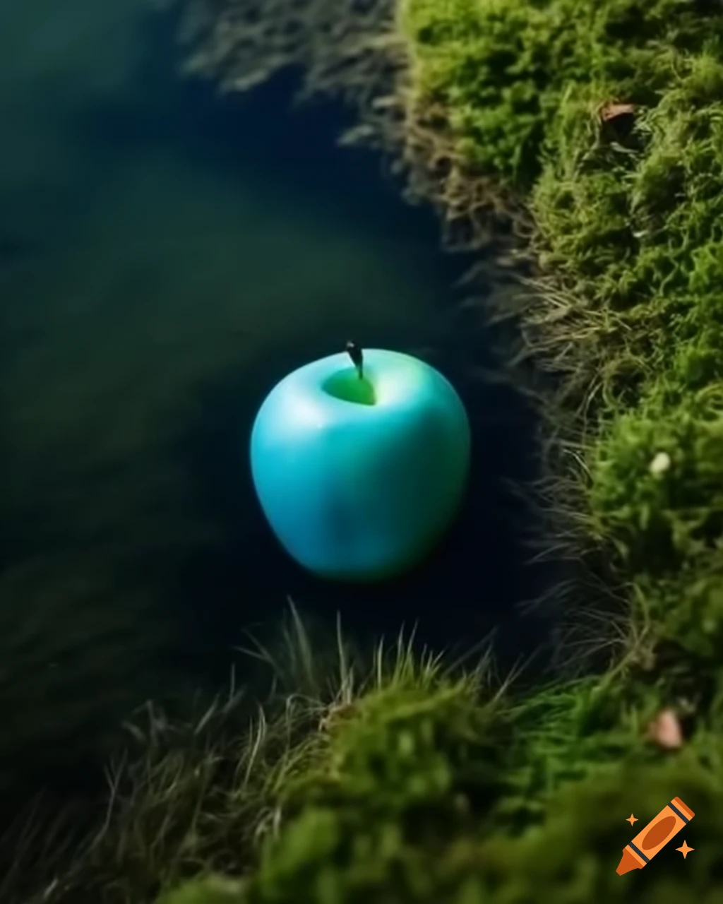 Blue apple floating in a mossy lake, analog photography