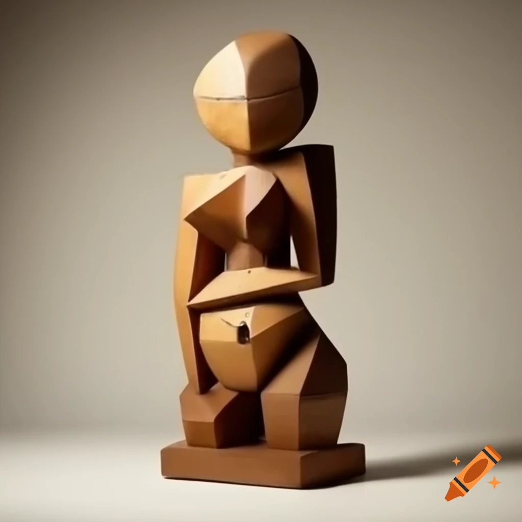 Cubist sculpture of a female figure crafted from rough painted wood