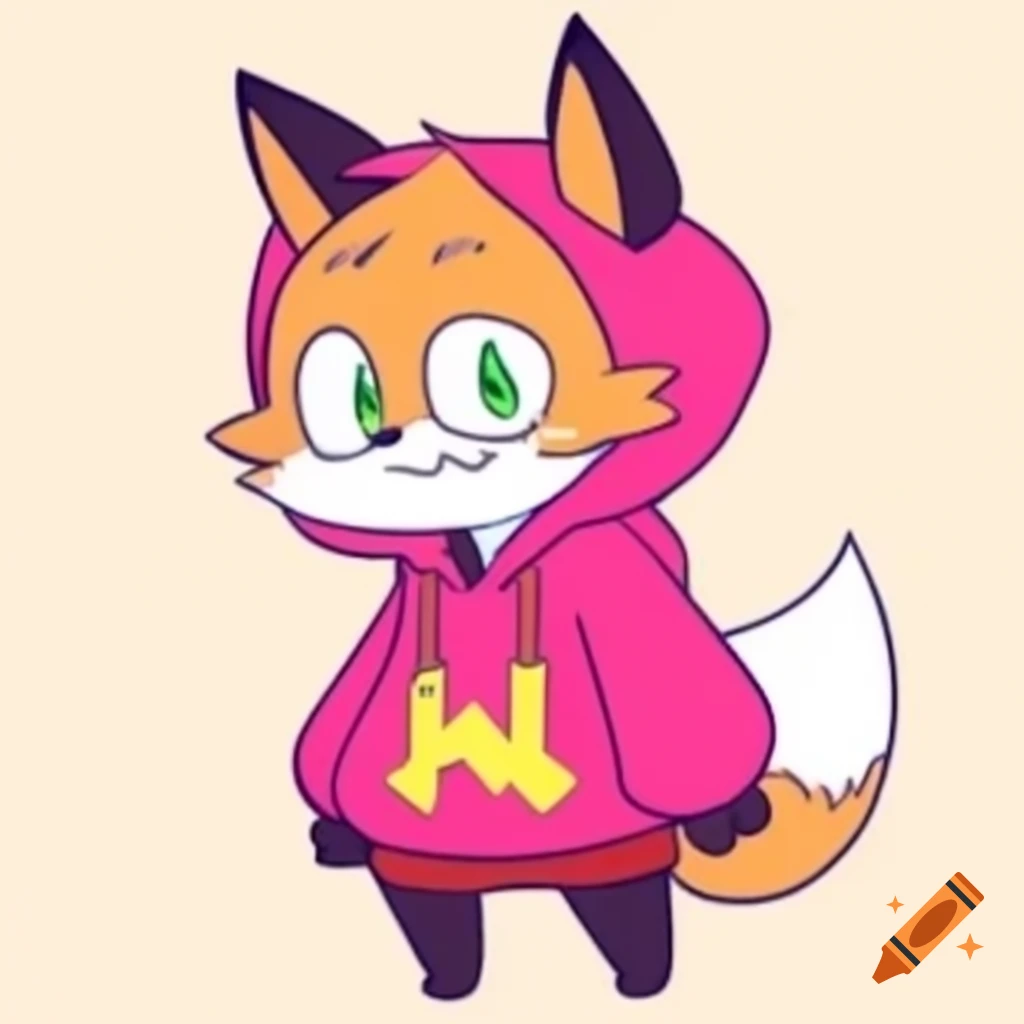 Mischievous fox in pink hoodie grinning, hinting at an adventure