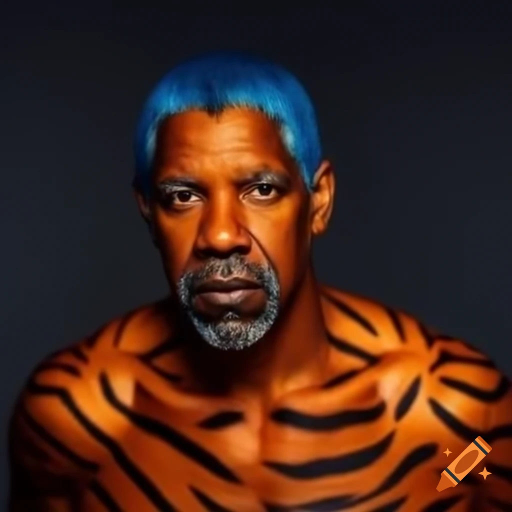 Muscular man with tiger-style makeup, blue hair, and orange skin
