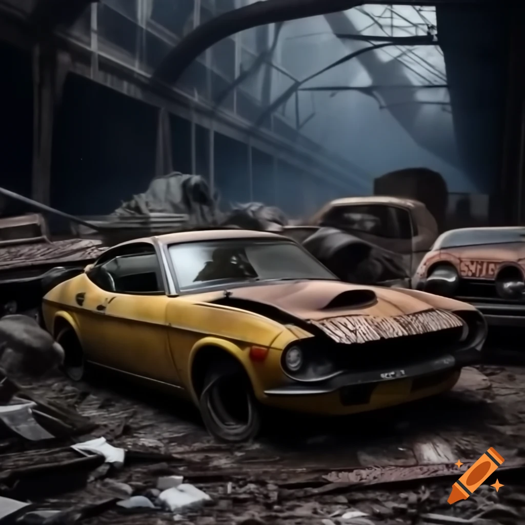 Ghosts swirling in dark night near rusty yellow Datsun in haunted junkyard
