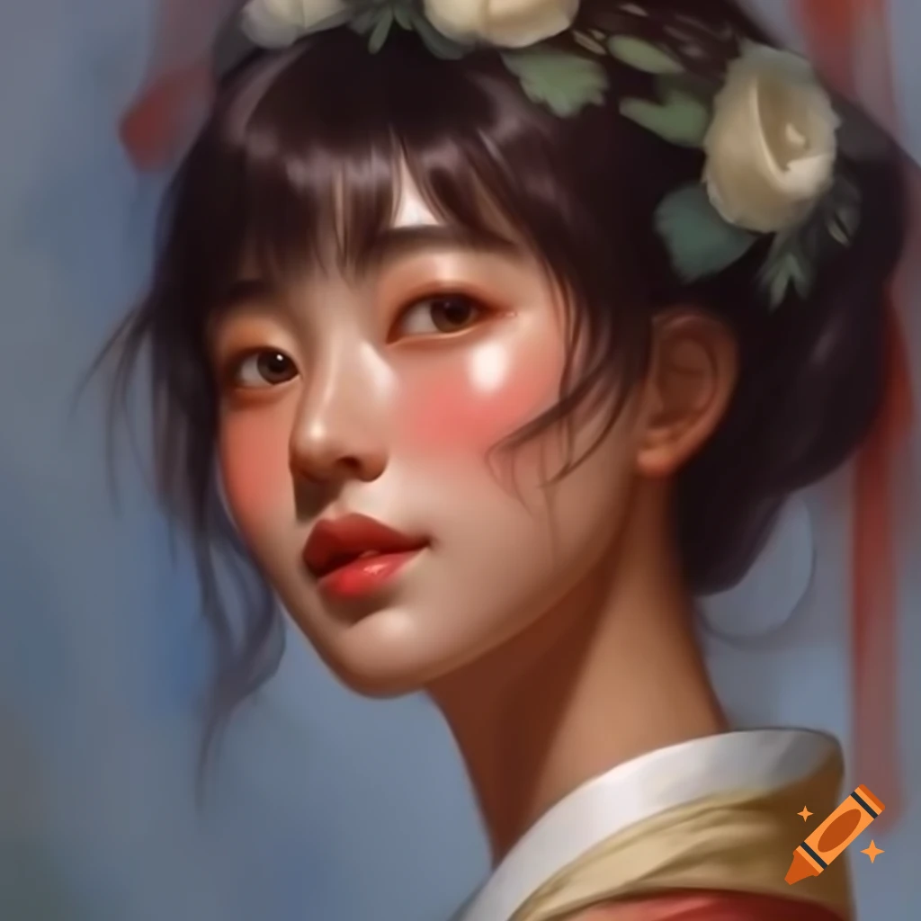 Detailed digital portrait of a charming Korean woman in watercolor, inspired by Rembrandt