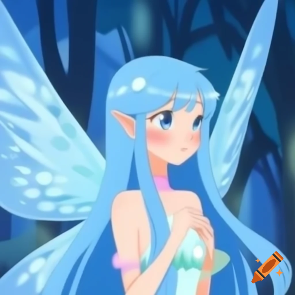 90s style anime fairy with blue hair