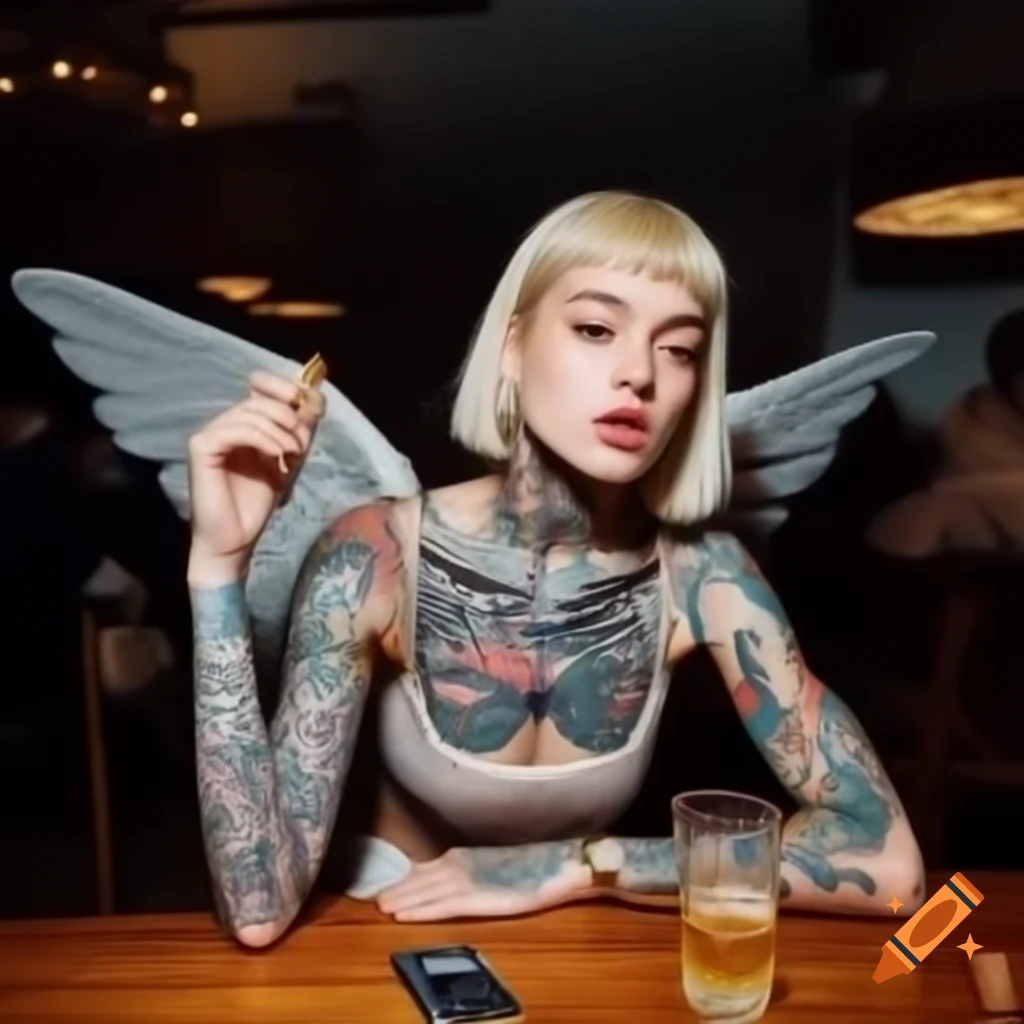 Tattooed angel sitting at table enjoying a beer