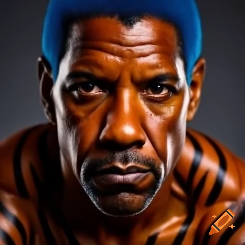 Muscular figure with tiger-style makeup featuring blue hair and orange skin