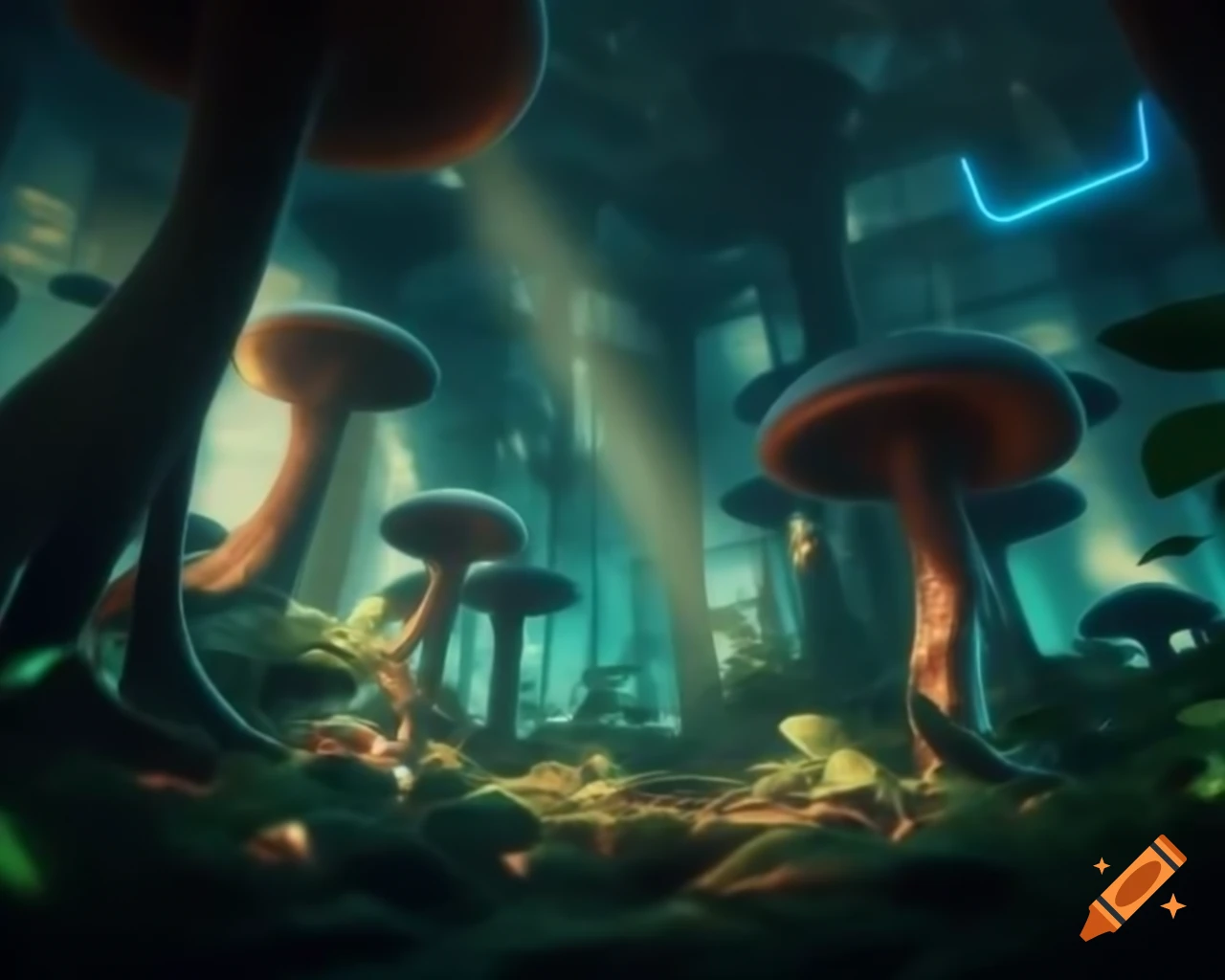 Surreal biopunk forest with glowing trees merging nature and technology