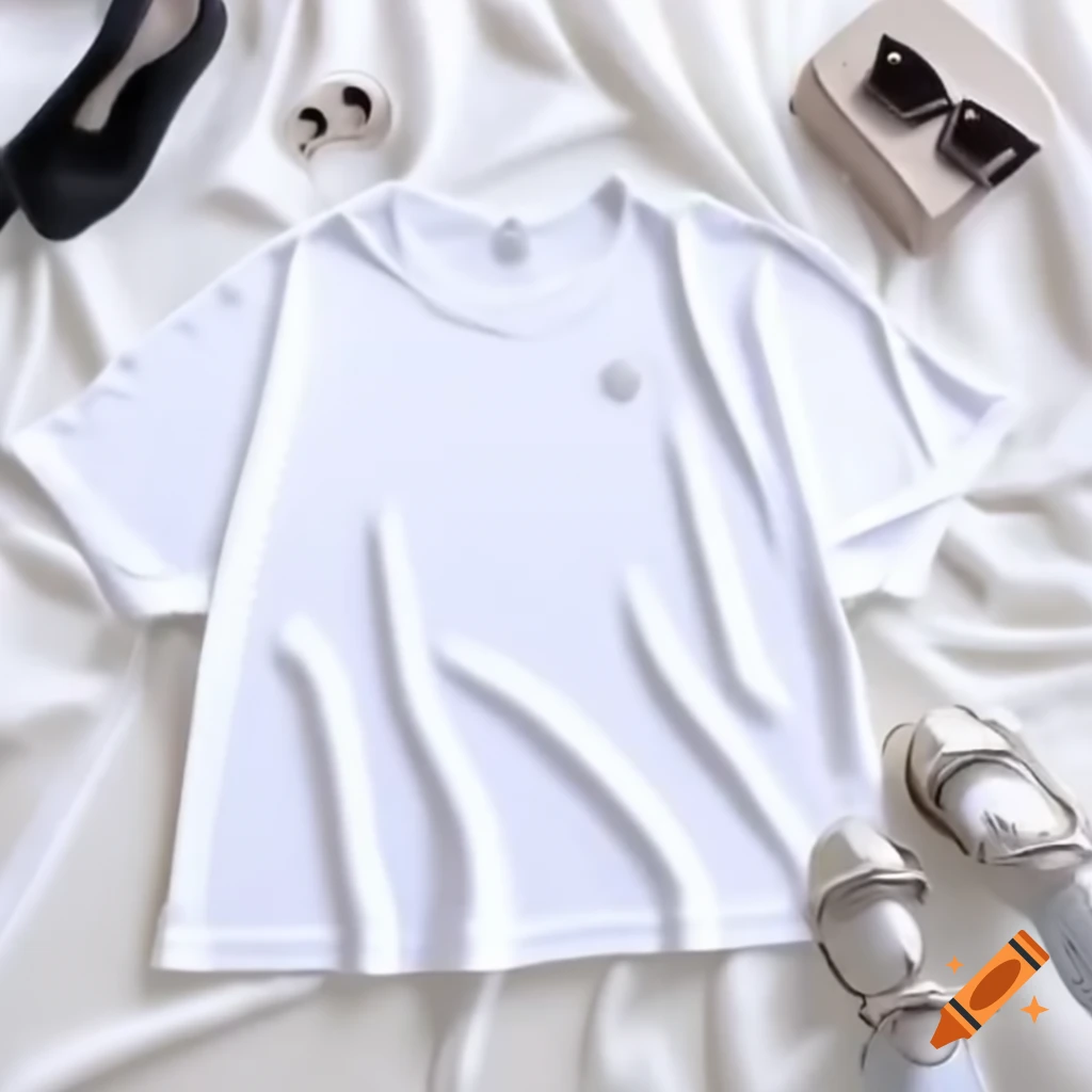 White oversized ladies' T-shirt with crew neck lying flat beside fashionable shoe