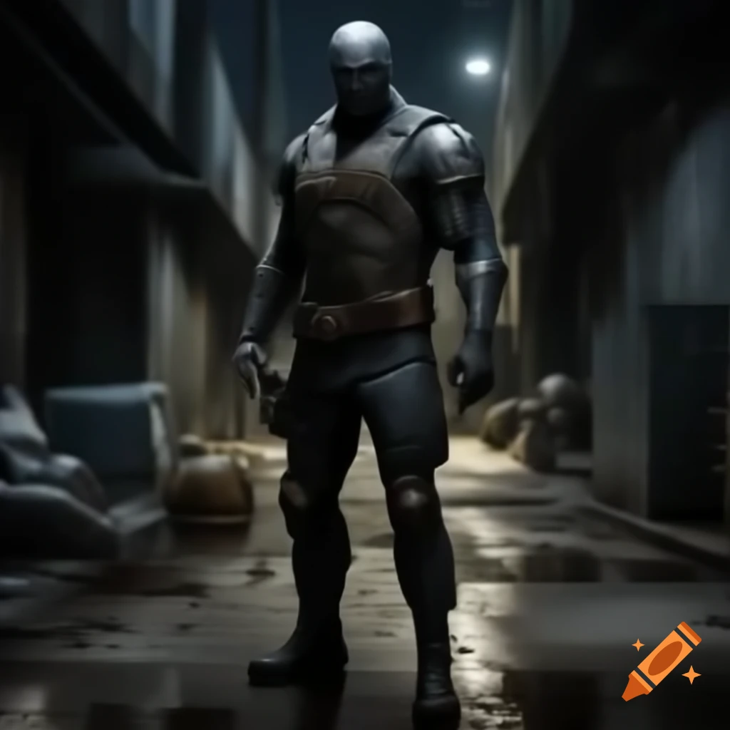 Menacing villain in tactical mask and body armor standing in dark city alleyway at night