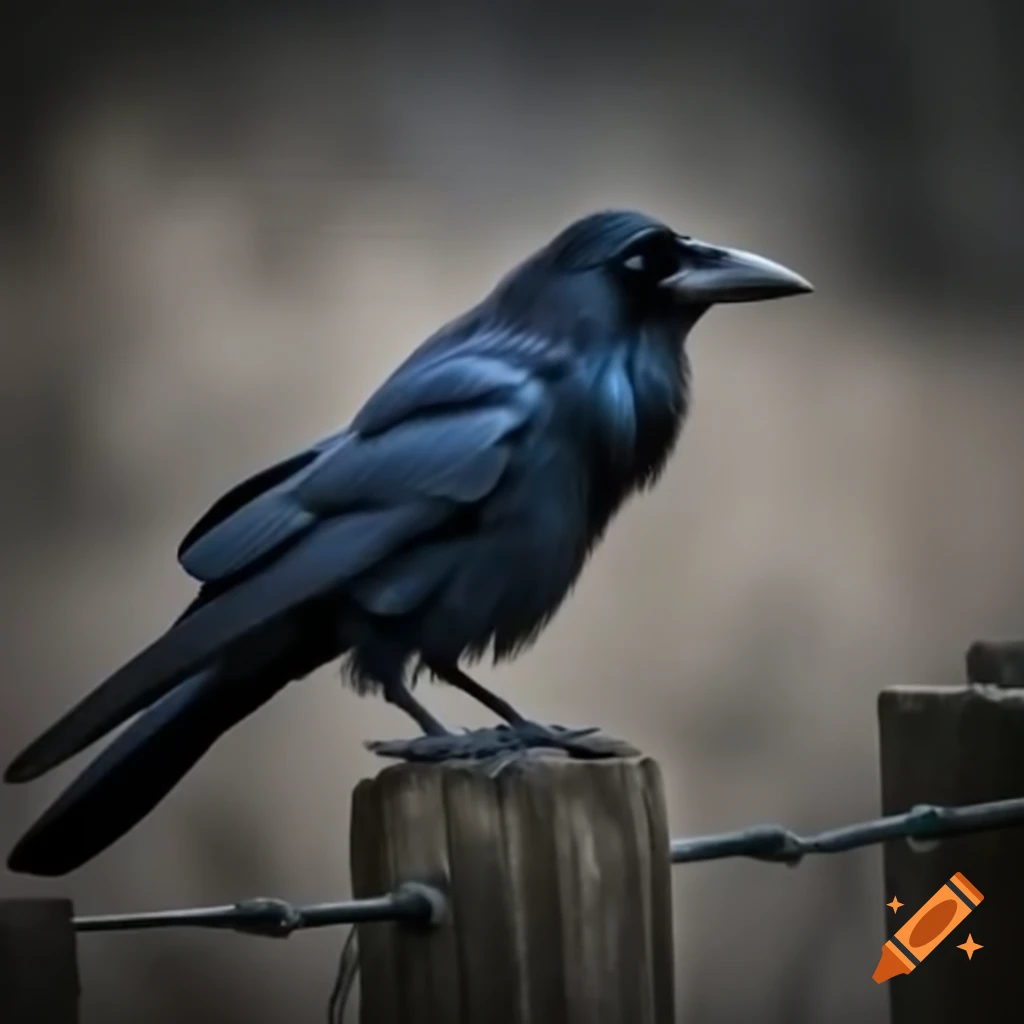 Crow perched on old barbed wire fence
