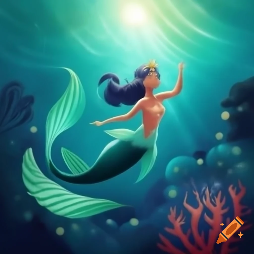 Beautiful mermaid with shimmering fish tail in ocean depths