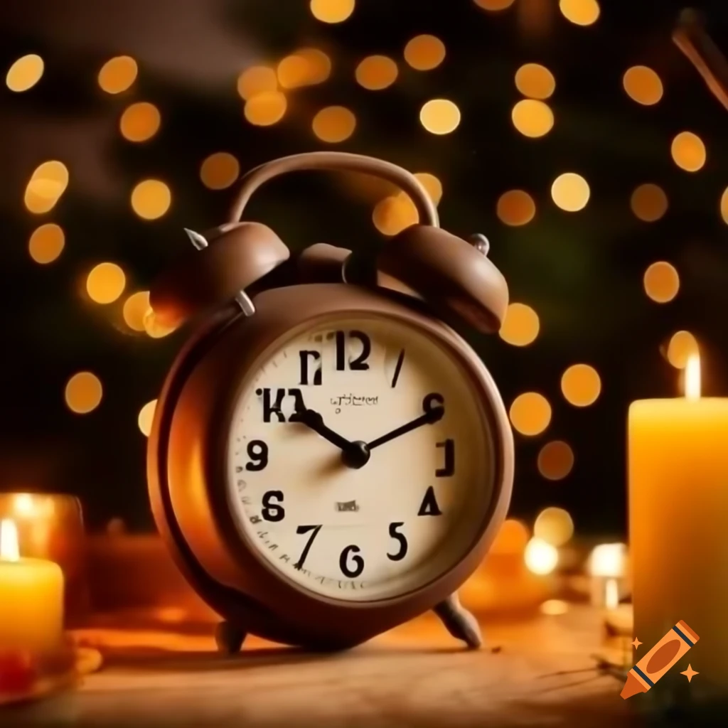 Old clock in suitcase with bokeh lights and lit candles creating a warm atmosphere