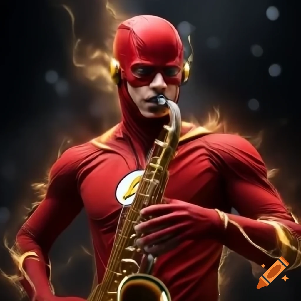 The Flash character playing saxophone with streaks of light in a dynamic scene