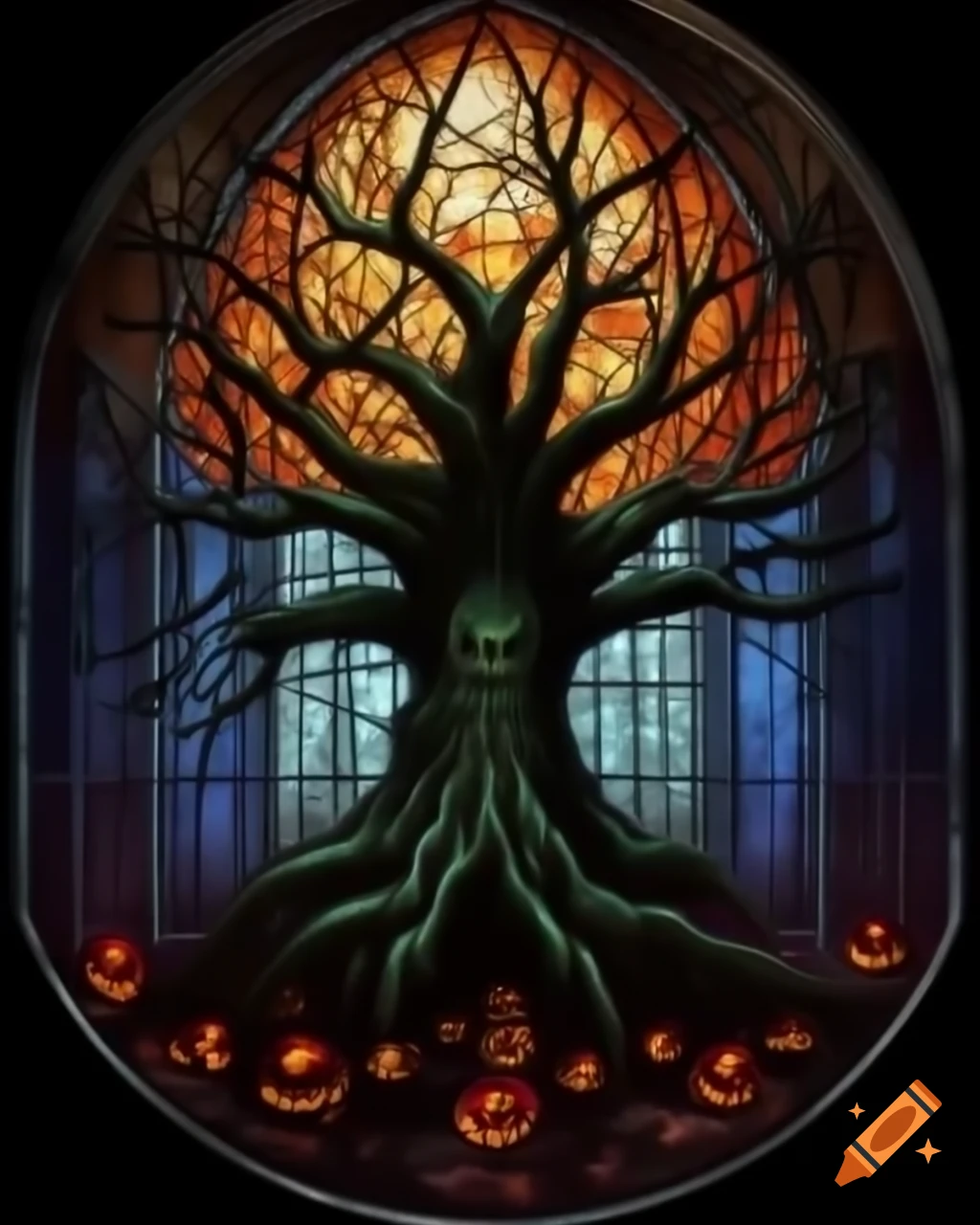 Spooky tree with stained glass, artwork by Greg Rutkowski