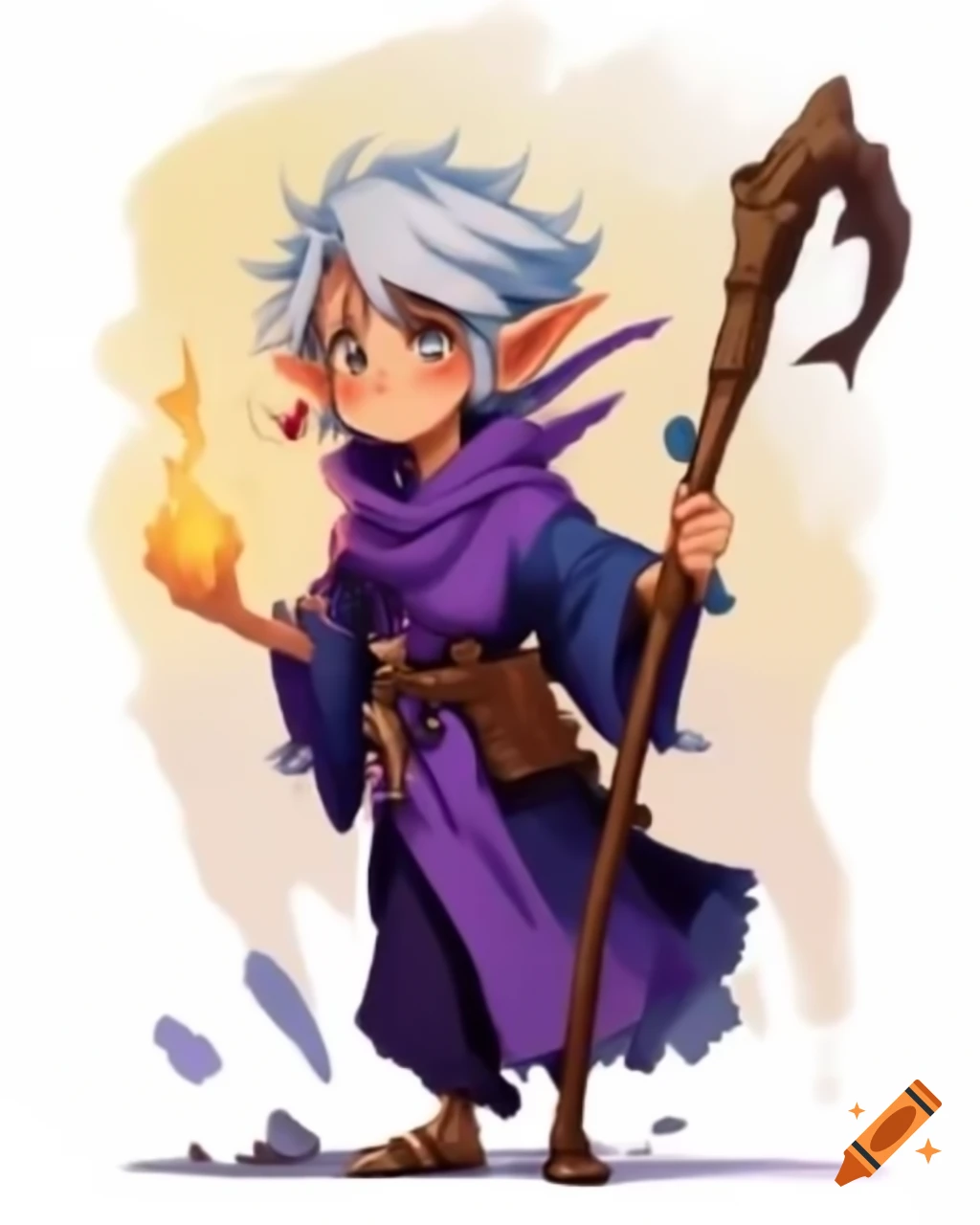 Anime male elf wizard with wooden staff in purple robes