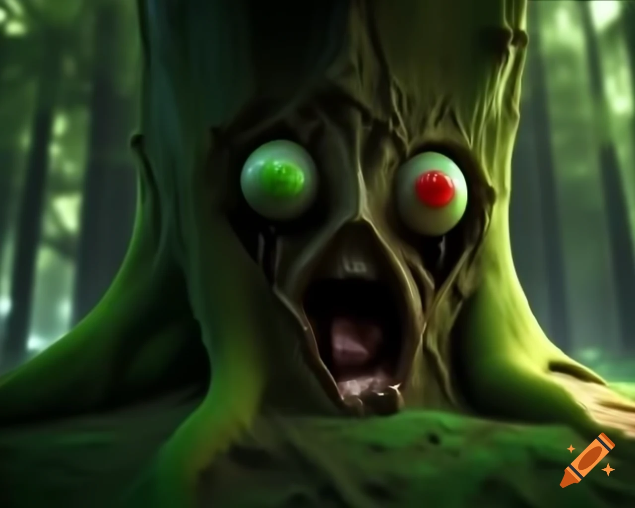 Creepy 3D CGI anime fantasy artwork of tree face with bark texture and red mouth