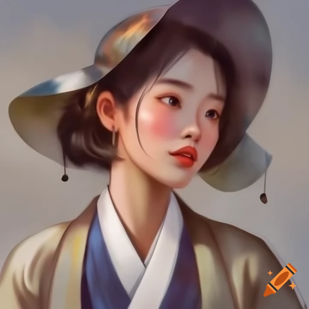 Detailed digital portrait of a charming Korean woman in watercolor style