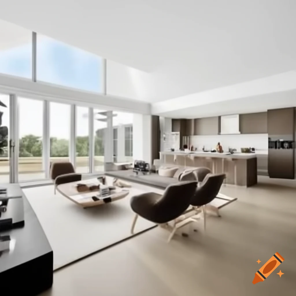 Luxury modern living room with open kitchen and floor-to-ceiling windows