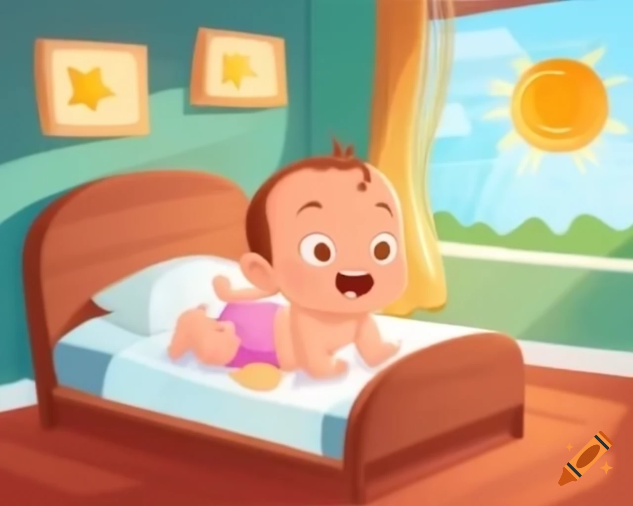 Baby waking up in room with parents and sunlight streaming through window