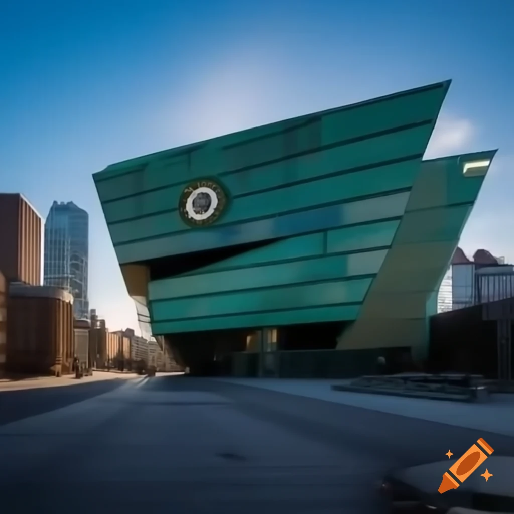 Futuristic sports museum building in Boston featuring Celtics, Bruins, and Patriots logos