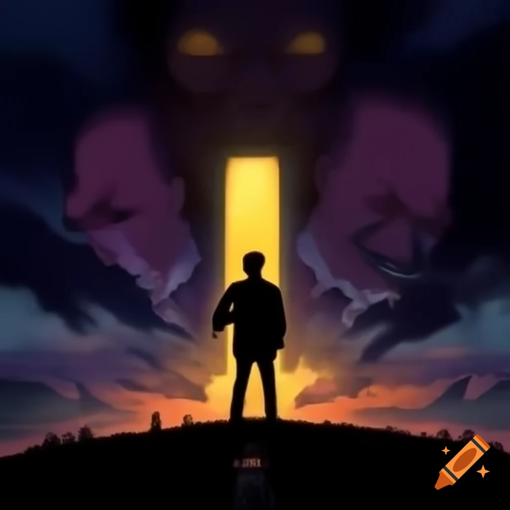 Silhouette of The Weeknd looking upward with a spectral figure, creating a mystical atmosphere