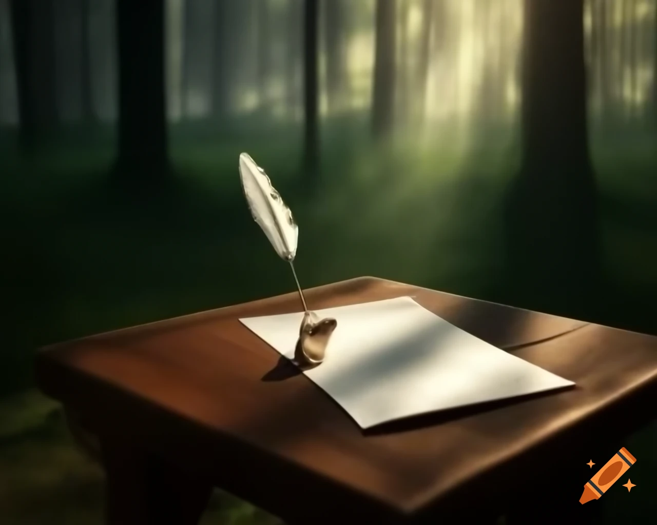 Paper and feather on table in mystic forest with calm morning light