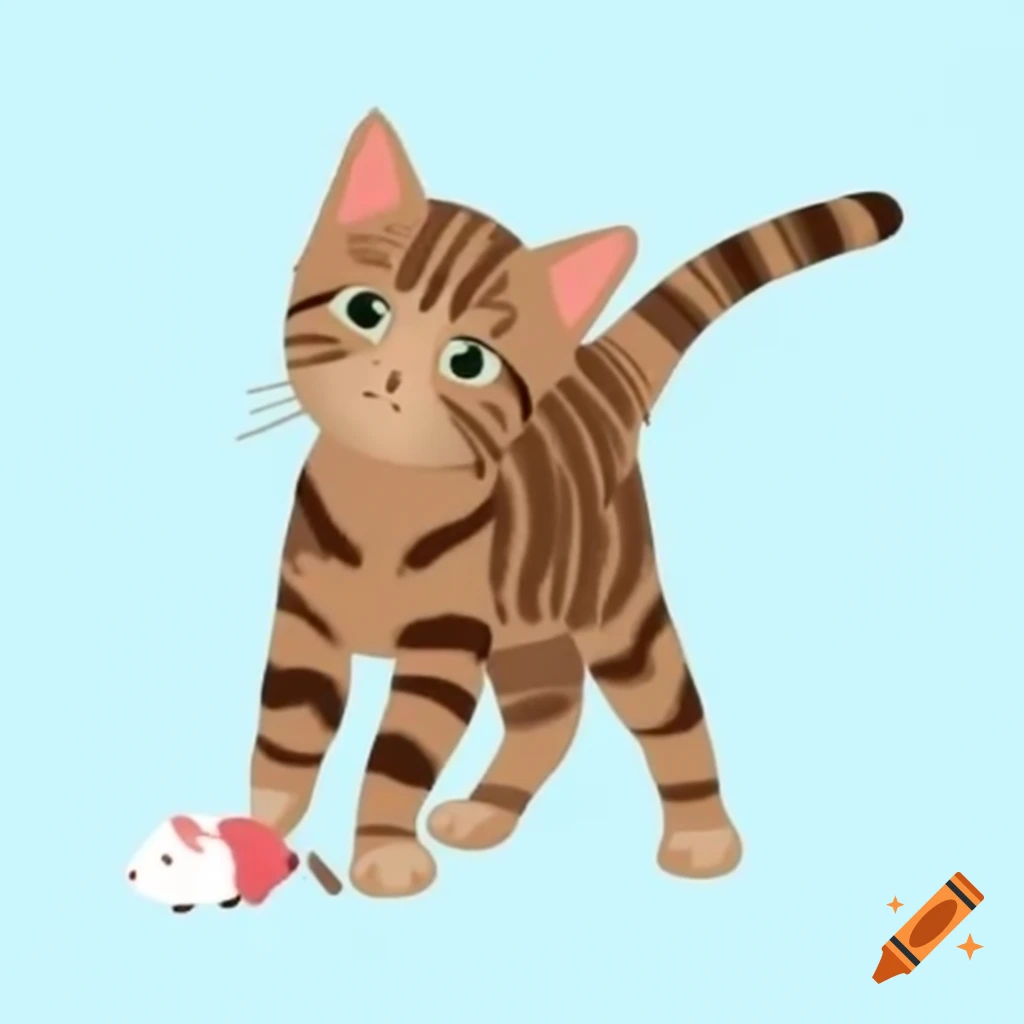 Brown and black tabby kitten playing with toy mouse