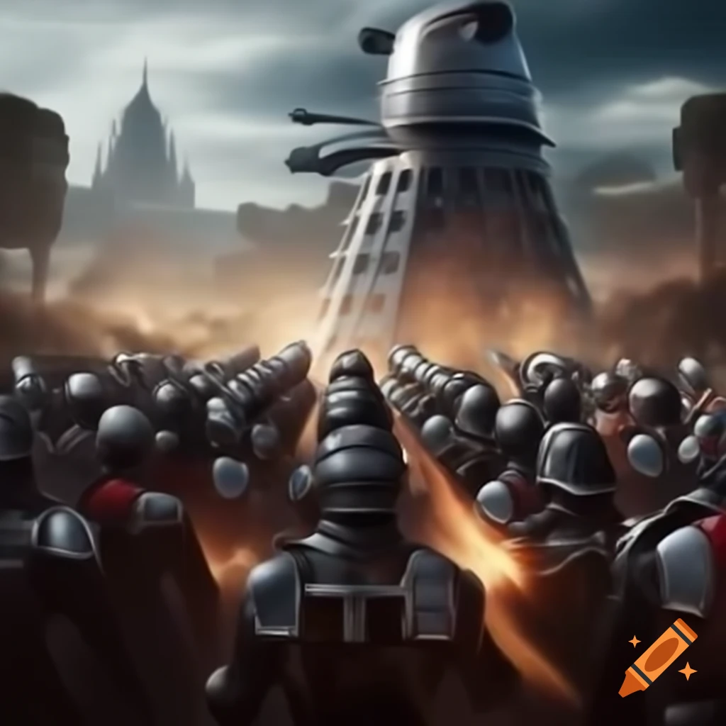 Futuristic Chancellery Guards of Gallifrey in action, clad in white and red uniforms