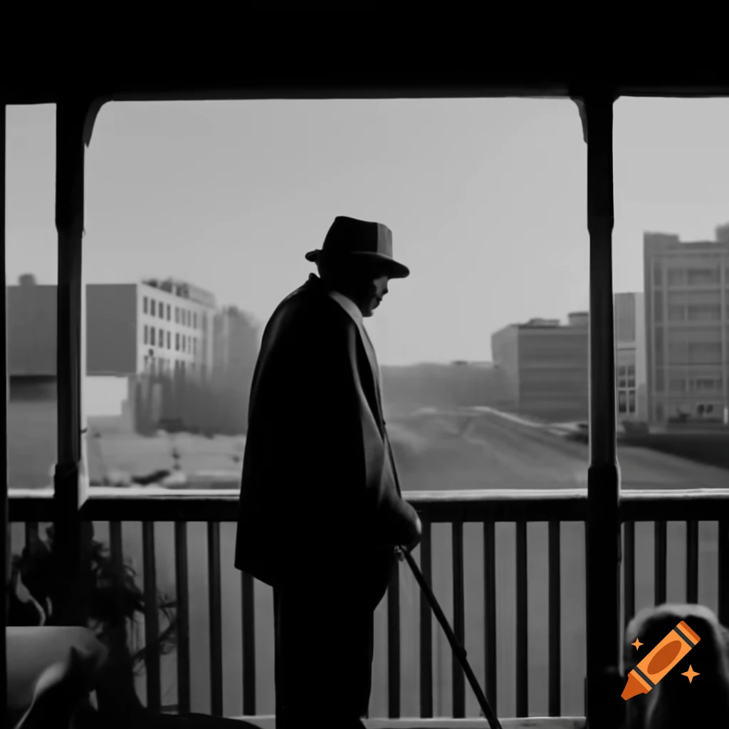 Elderly rapper with cane on porch overlooking urban cityscape