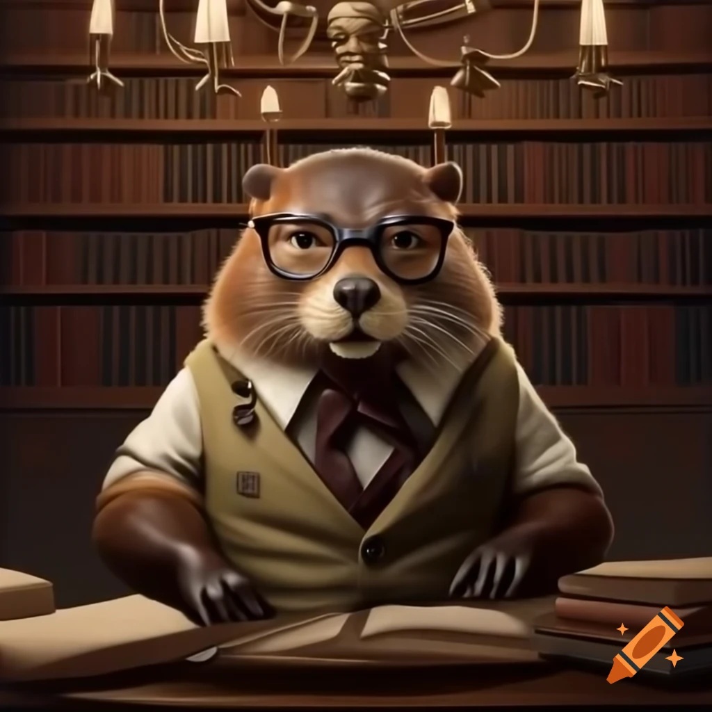 Beaver in tweed studying ancient tomes under chandelier in library
