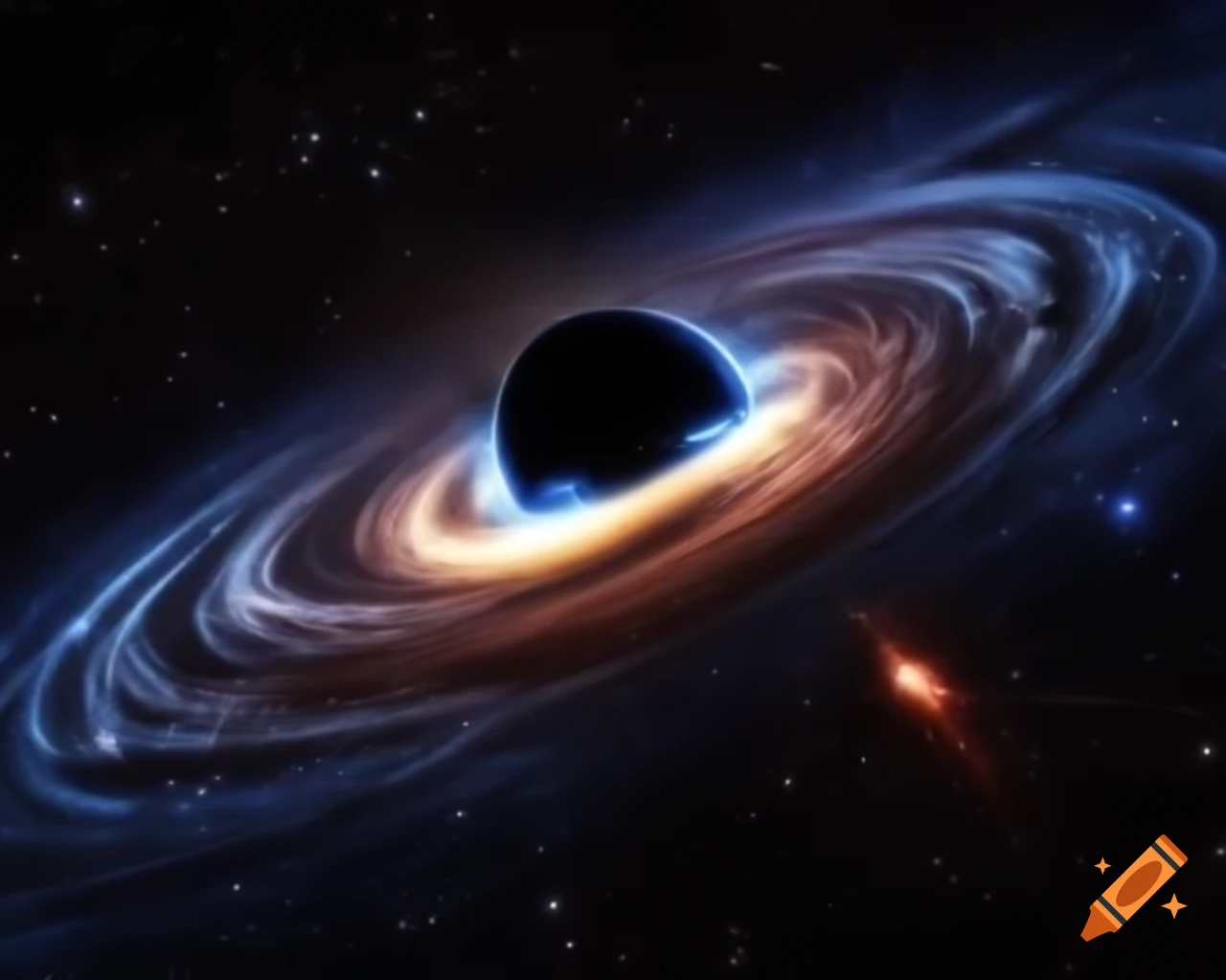 Realistic image of a black hole in star-filled space with artistic lens flare