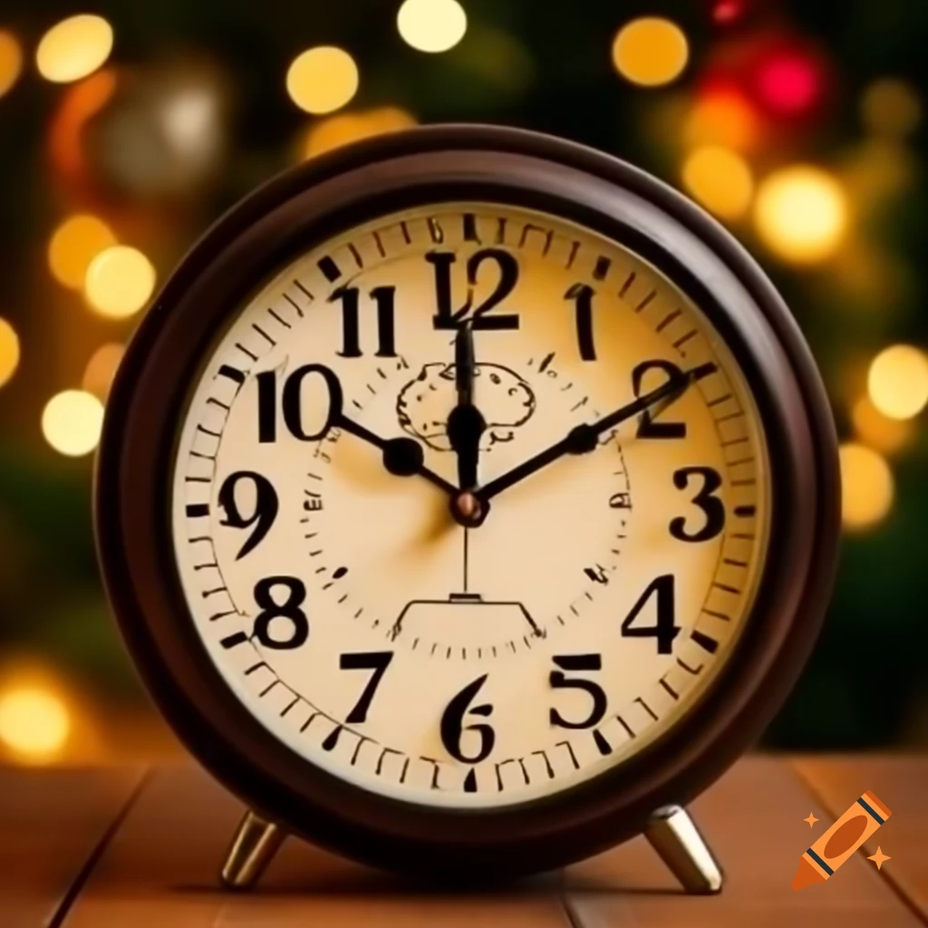 Old table clock with bokeh background and festive lights