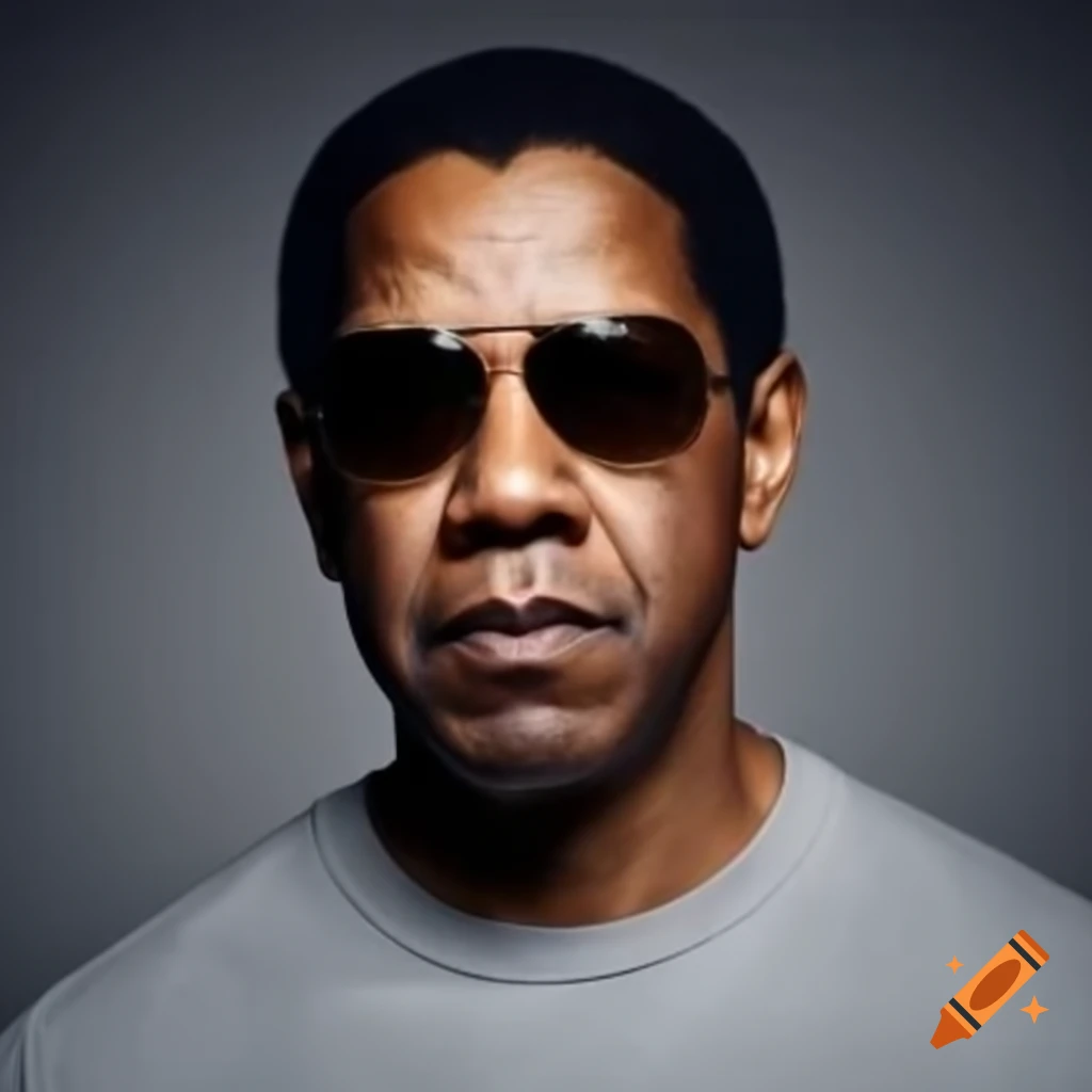 Denzel Washington wearing sunglasses and grey t-shirt against grey background