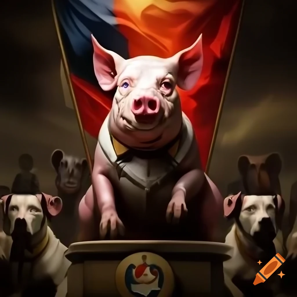 Authoritarian-themed poster with strong pig on platform and loyal dogs overseeing a farm
