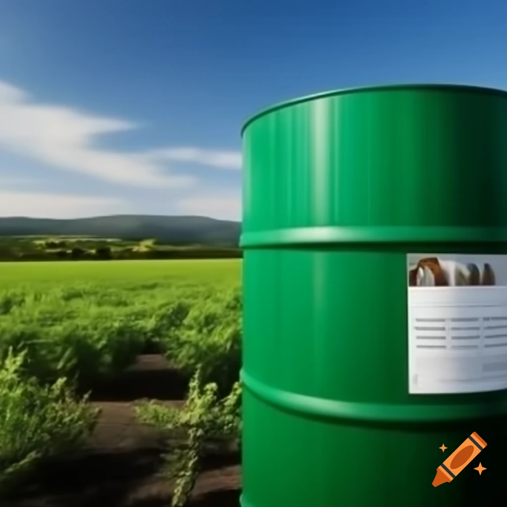 Green oil barrel in eco-friendly landscape
