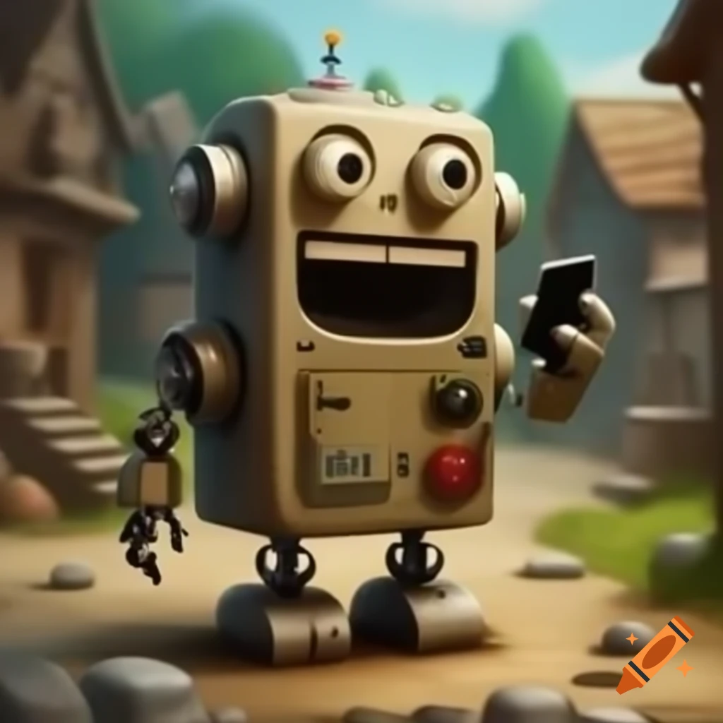 Old robot using phone in a village setting