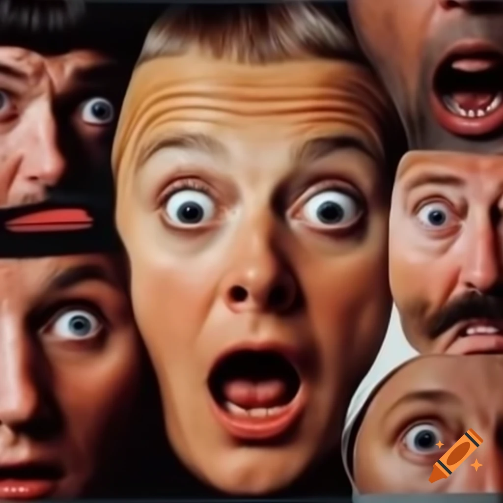 Vintage 1950s ad collage with surprised faces on craiyon
