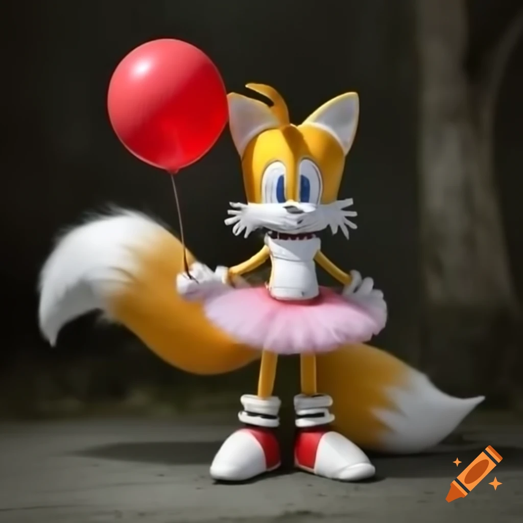 Tails the fox in pink ballerina tutu holding giant red balloon