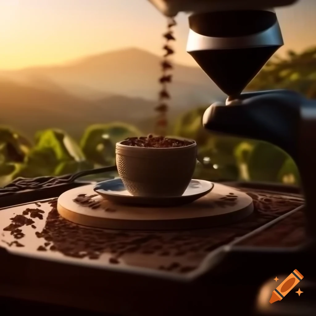 Grinding coffee at sunrise with coffee plantations and mountains