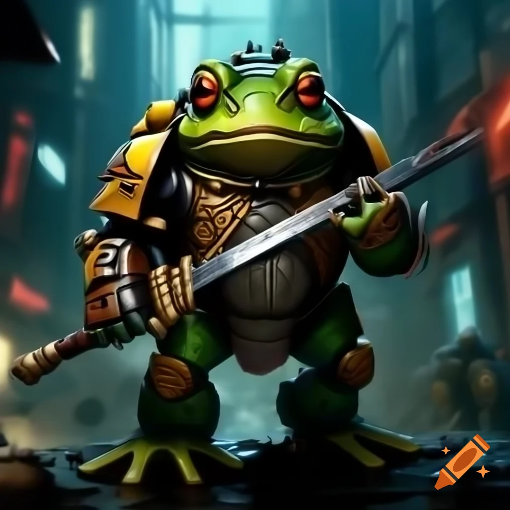 Cybernetic toad wielding sword in cyberpunk streets, Warhammer 40k style
