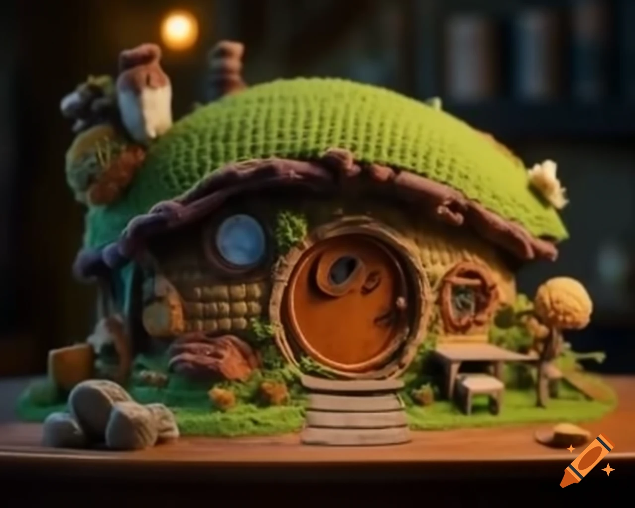 Crocheted hobbit house on table, designed for dollhouse narrative