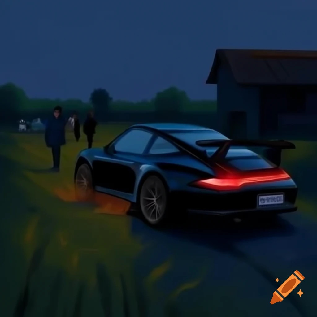 Rural night scene featuring a black Porsche with blinkers illuminated