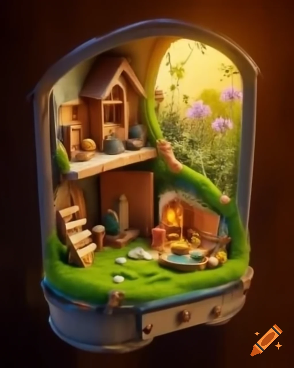 Miniature village in repurposed cupboard illuminated by soft sunlight