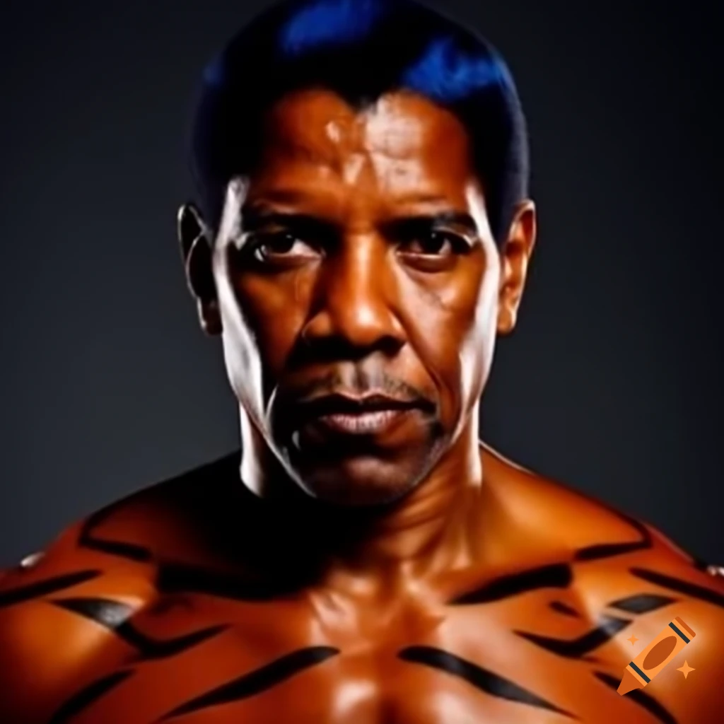 Muscular character with tiger-style makeup featuring blue hair and orange skin