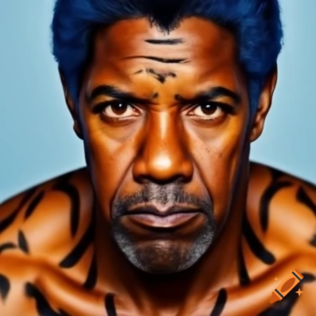 Muscular figure resembling Denzel Washington with tiger-style makeup, blue hair, and orange skin