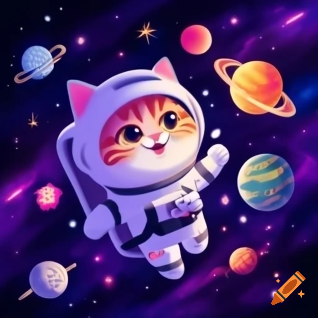 Cat in spacesuit traveling through colorful planets in space